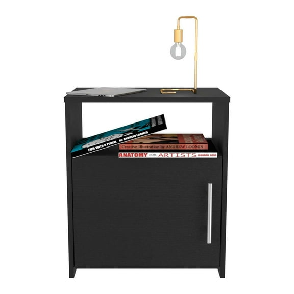 Newboti Furniture Modern and easy-to- install black bedside Nightstand with 1 door and 1 metal handle for open the storage and 1 shelf. 44851