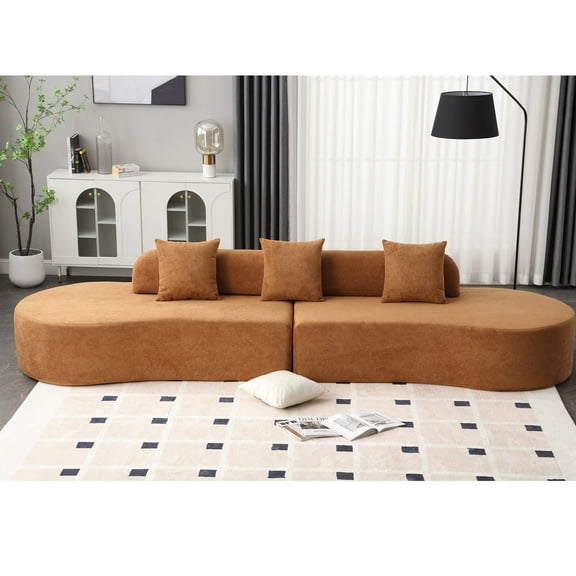 Newboti Furniture Modern curved combination sofa, terrycloth fabric sofa, minimalist sofa in living room, apartment, no assembly required, three pillows,Browm 03268