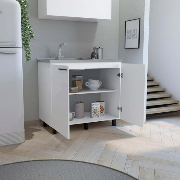 Newboti Furniture Napoles 2 Utility Sink with Cabinet, Stainless Steel Countertop, Interior Shelf-White 32377