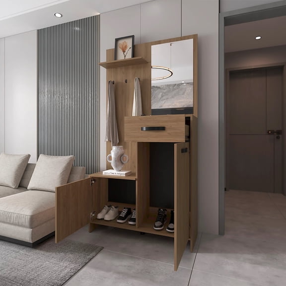 Newboti Furniture Natural Oak Hall Tree Multistorage with 1-Mirror and Adjustable Legs 25491
