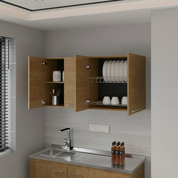 Newboti Furniture Natural Oak Wall Cabinet Kitchen in Melamine with 4-Door 22241