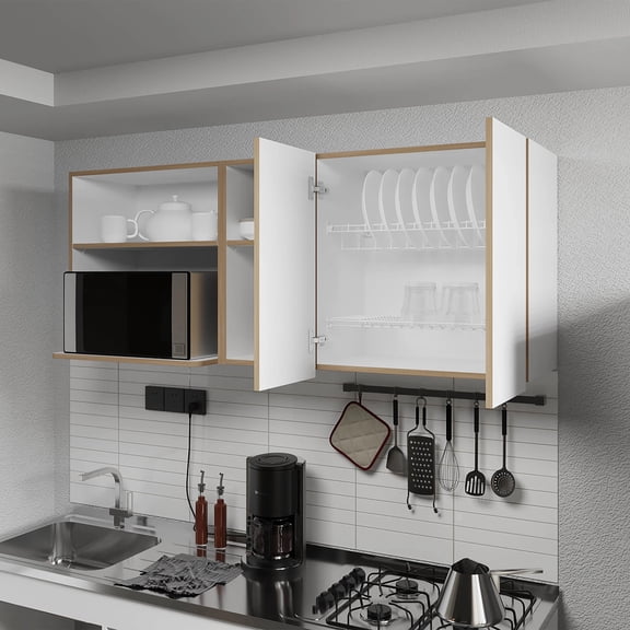 Newboti Furniture Natural Oak and White Kitchen Cabinet with Microwave Space and Open Shelf 12151