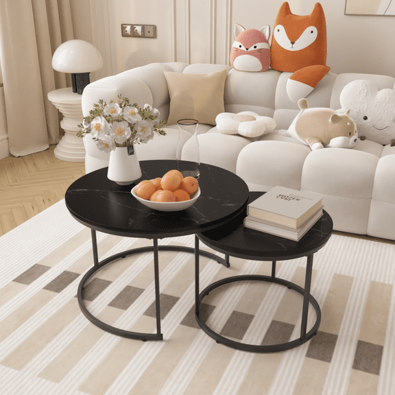 Newboti Furniture Nesting Coffee Table Set of 2, 27.6inch Round Coffee Table Wood Marble Pattern Top with Sturdy Metal Frame, End Table Side Tables for Living Room Bedroom Balcony Yard (Black) BN.836