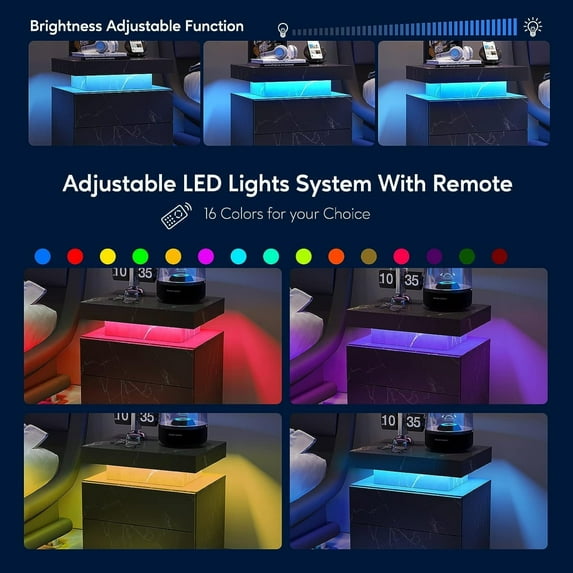 Newboti Furniture Nightstand LED Bedside Table Cabinet Lights Modern End Side with 2 Drawers for Bedroom (Black Gold) 04623