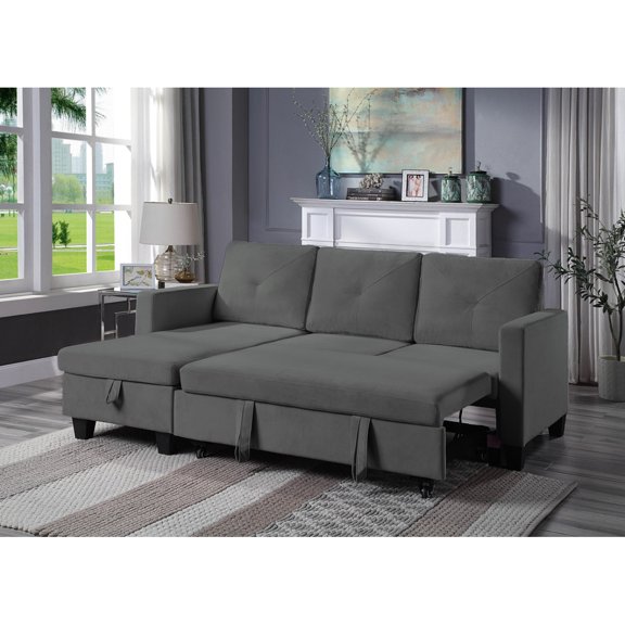 Newboti Furniture Nova 82.5" Dark Gray Velvet Reversible Sleeper Sectional Sofa with Storage Chaise BN.8427