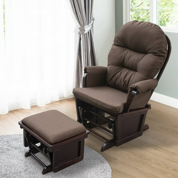 Newboti Furniture Nursery Glider Rocking Chair with Ottoman, Thick Padded Cushion Seating and Wood Base, Brown 78103