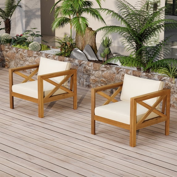 Newboti Furniture Outdoor Acacia Wood Club Wooden Armchair with Cushions (Set of 2), Conversation Set,Teak Finish,Beige Cushion BN.4587