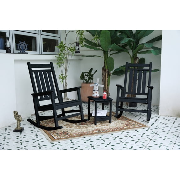 Newboti Furniture Outdoor Rocking Chair Set with Side Table, 3-Piece Rocking Chair Set with Wood-Texture,All Weather-resistant,Black (includes 2 Rocking Chairs and 1 Table) BN.9687