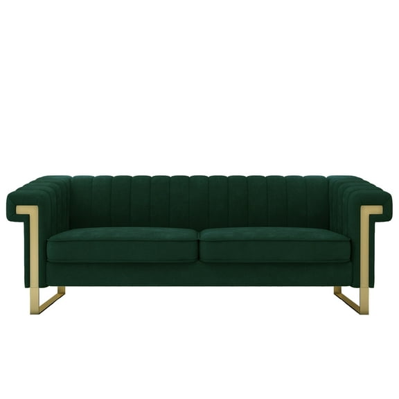 Newboti Furniture P81-RG2 RETRO GREEN SOFA Modern Cream Velvet Sofa with Gold Accents - Sleek Channel-Tufted Upholstery, 3-Seat Couch for Living Room and Office Decor 14776