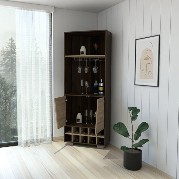 Newboti Furniture Paso Robles 10-Bottle 3-Shelf Corner Bar Cabinet Dark Oak and Pine 57145