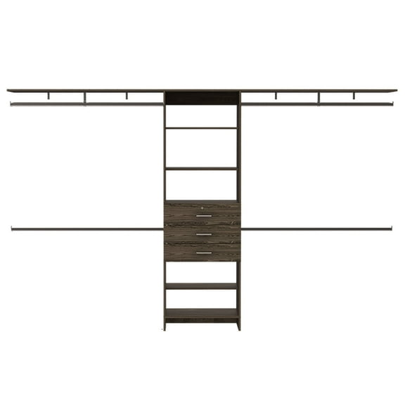 Newboti Furniture Plego 69"W - 118"W Drawers Closet System, Five Shelves, Four Hanging Rods, Three Drawers -Dark Walnut 32643
