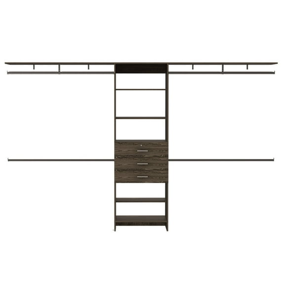 Newboti Furniture Plego 69"W - 118"W Drawers Closet System, Five Shelves, Four Hanging Rods, Three Drawers -Dark Walnut 32643