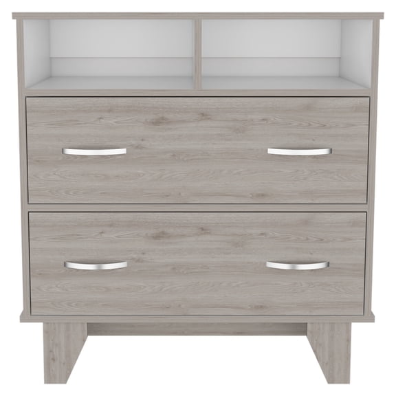 Newboti Furniture Portanova Two Drawer Dresser, Two Open Shelves, Superior Top, Four Legs -Light Gray / White 32667