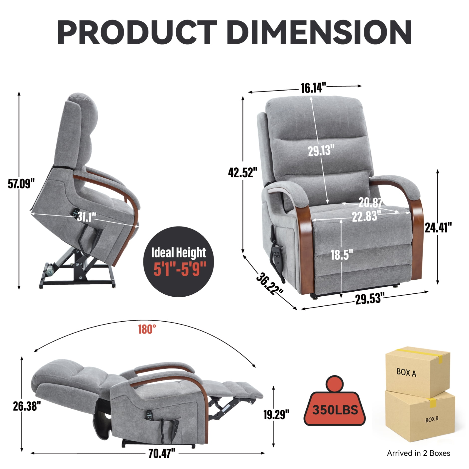 Newboti Furniture Power Grey Chenille Lift Recliner Chair Dual Motor Infinite Position Up to 350 LBS with Solid Wood Armrests, Heat Massage and Heavy Duty Motion Mechanism 63335