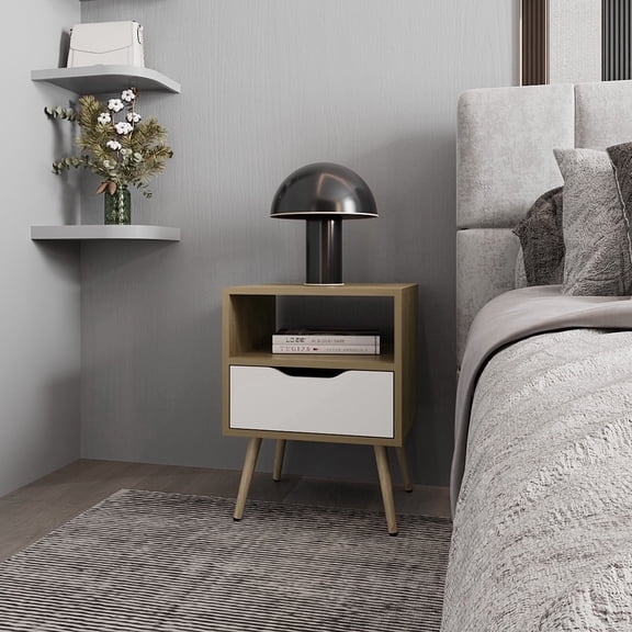 Newboti Furniture Prescott Valley Nightstand with Open Storage, Natural Oak and White BN.1086