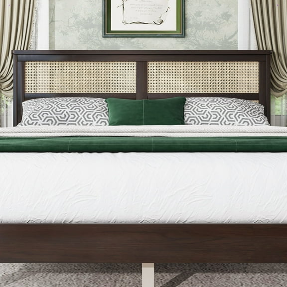 Newboti Furniture Queen Size Rubber Wooden, Solid Wooden Bed with Rattan Headboard, Enhanced by Support Feet,Espresso 34819