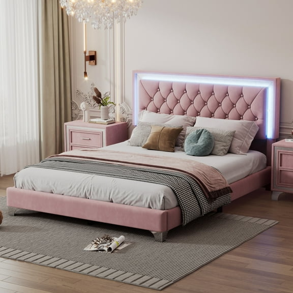 Newboti Furniture Queen Size Upholstered Bed Frame with LED Lights,Modern Velvet Platform Bed with Tufted Headboard,Pink 95999