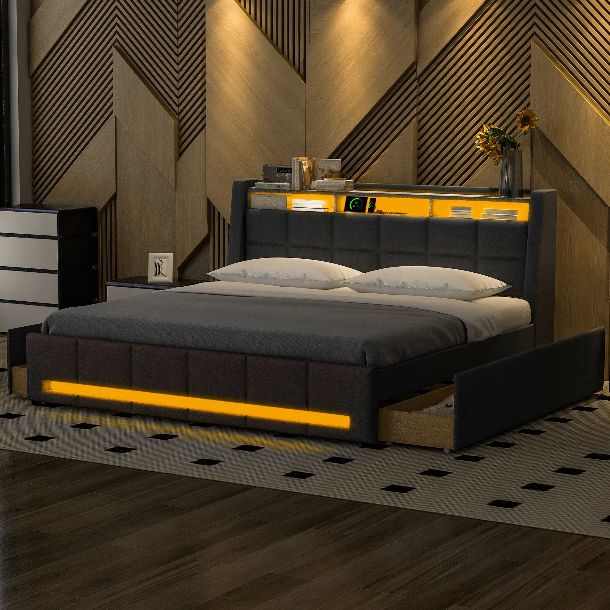 Elegant Queen Size Platform Bed with USB Ports and Storage
