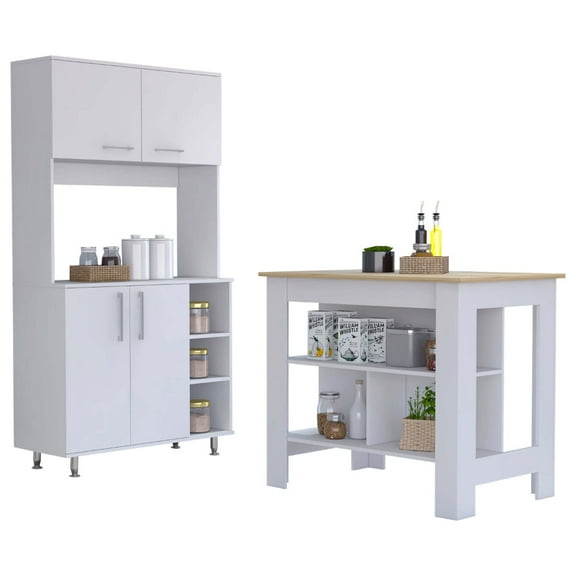 Newboti Furniture Ralston 7-Shelf 4-Door 2-piece Kitchen Set, Kitchen Island and Pantry Cabinet White and Light Oak 26871