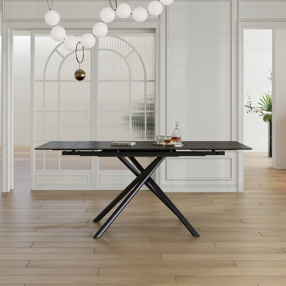 Newboti Furniture Retractable Sintered Stone Dining Table, Modern Rectangular Design, with Black Carbon Steel Legs at the Bottom, 71 Inches Suitable for 6-8 Seats (Black) BN.7131