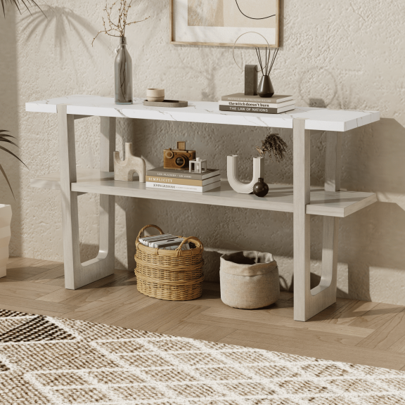 Newboti Furniture Retro Elegant Console Table With Marble-Effect Top And Versatile Storage Solutions For Entryway And Living Room (Gray Wash) 6906