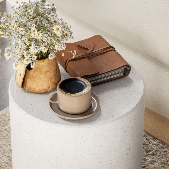 Newboti Furniture Round Side Table, Lightweight Accent Table with Terrazzo Finish, End Table with 4 Adjustable Feet for Indoor, Outdoor, Cream White 71111