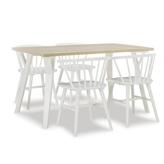 Newboti Furniture Roundhill Alwynn White and Natural Wood 5-piece Dining Set, Dining Table with 4 Windsor Chairs 75961