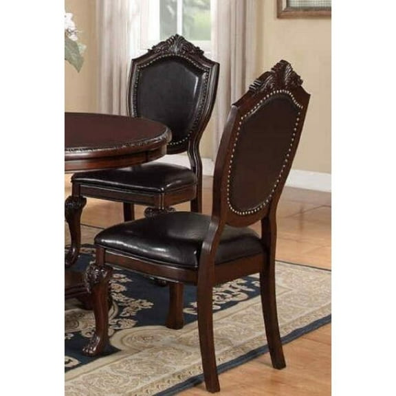 Newboti Furniture Royal Majestic Formal Set of 2 Side Chairs Brown Color Rubberwood Dining Room Furniture Intricate Design Faux Leather Upholstered Seat 08983