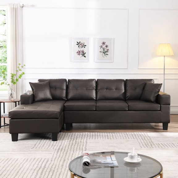 Newboti Furniture Sectional Sofa Set for Living Room with L Shape Chaise Lounge,cup holder and Left or Right Hand Chaise Modern 4 Seat (Chocolate brown) 07334