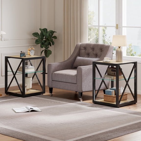 Newboti Furniture Set of 2 Modern End Table Nightstand for Bedroom & Living Room, Tempered Glass & Natural Wood MDF Top , Industrial Style Side Table BN.8709