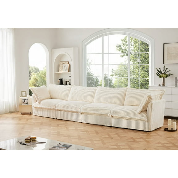 Newboti Furniture Slipcovered Long Sofa, 4 Seater Sofa with Removable Cover, Extra Deep Couch for Living Room, Corduroy Fabric Cloud Like Comfy Sofa Couch, Cream Corduroy Fabric 71463