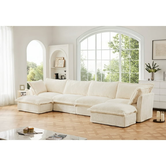 Newboti Furniture Slipcovered U Shape Sectional Wide and Deep Seat Sofa Couch, 4 Seater Sofa with French Edges Design Multiple Big Pillows, Soft Deep Seat Comfy Cloud Couch Cream Corduroy 46108