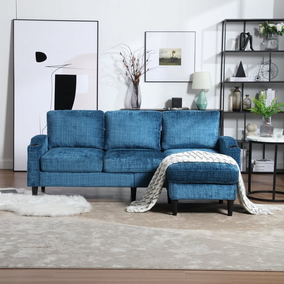 Newboti Furniture Sofa For Three, Solid Wood Frame, Chenille Fabric, Side Pocket, With Two Cup Holders, Footstool With Storagestorage Sofa /Living Room Sofa Cozy Sectional Sofa 26062