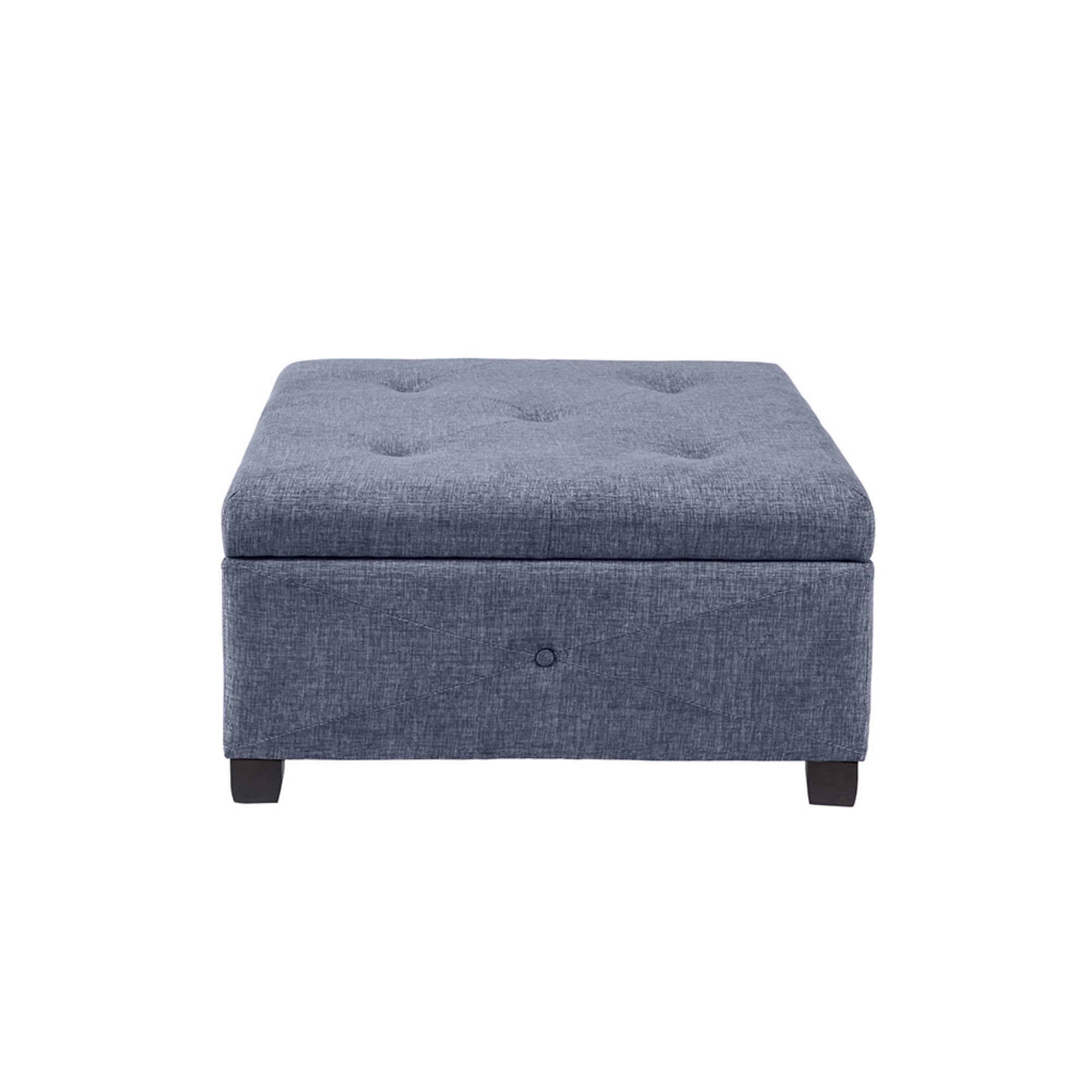 Blue Button Tufted Square Storage Ottoman with Dark Wood Legs