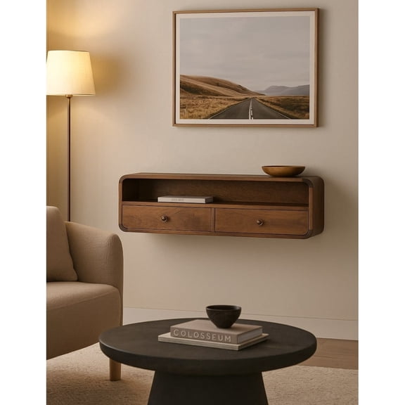 Newboti Furniture Solid Wood Floating Console, 2-Drawers, 1 Open Slot, Brown BN.1451