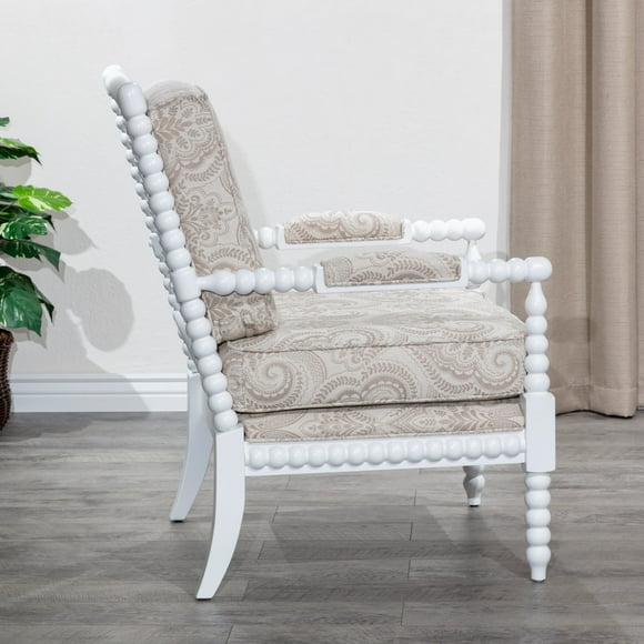 Newboti Furniture Spindle Chair, White Finish, Taupe Paisley Fabric 18456