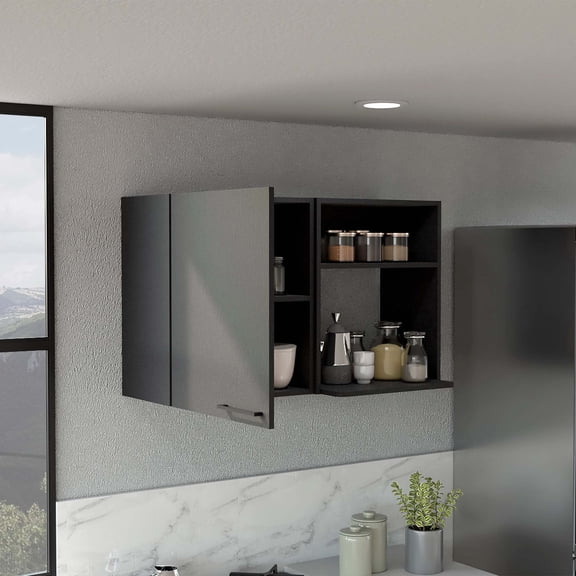 Newboti Furniture Stackable Wall Storage Cabinet 24" H, Two Internal Shelves, Two External Storage Shelves, One Door, Black 45445