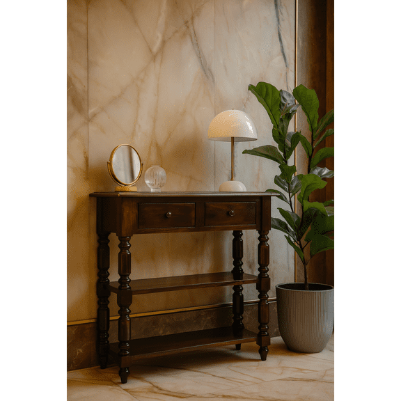 Newboti Furniture Turned Legs Cherry Side Table, 2-Drawers, 2 Open Slots BN.2871