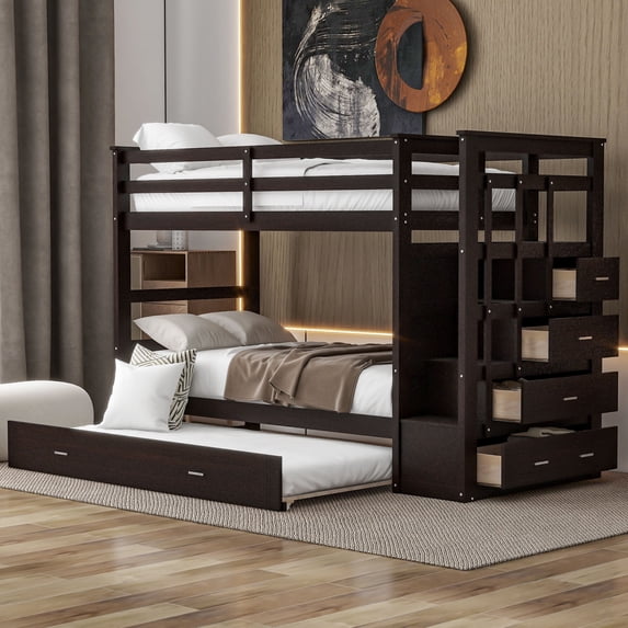 Newboti Furniture Twin Over Twin Bunk Bed with Trundle and Staircase,Espresso NO.70044