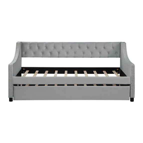 Newboti Furniture Twin Size Upholstered Daybed with Trundle, Sturdy Wood Bedframe w/ Bedframe Tufted Button & Copper Nail on Arms Design, Perfect for Bedroom, Guest Room Furniture, NO.34572