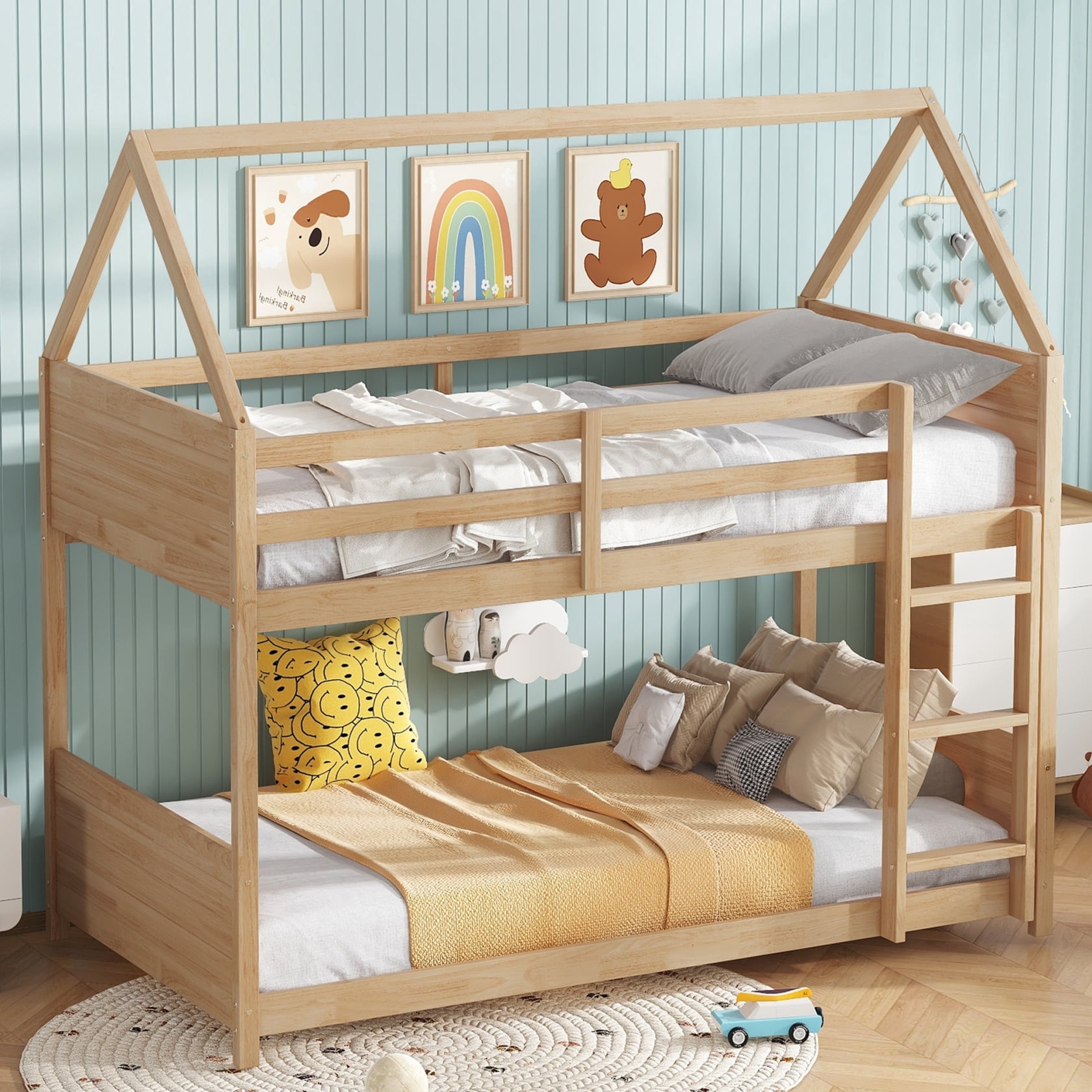 Newboti Furniture Twin Over Twin House Floor Bunk Bed with Headboards ...
