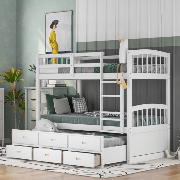 Newboti Furniture Twin over Twin Wood Bunk Bed with Trundle and Drawers, White NO.38006