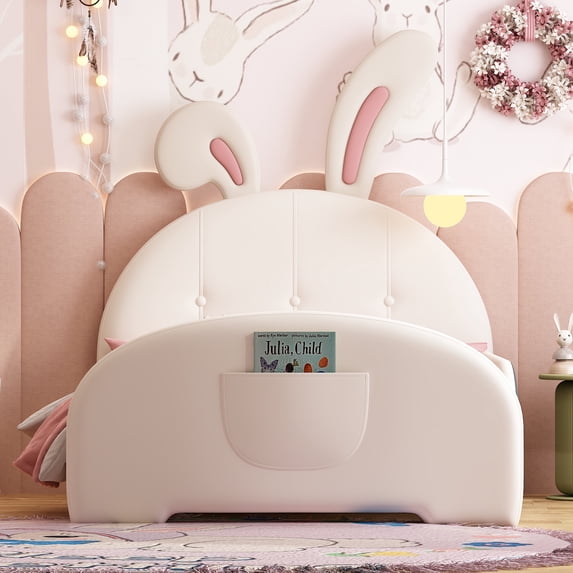 Newboti Furniture Twin size Upholstered Rabbit-Shape Princess Bed ,Twin Size Platform Bed with Headboard and Footboard,White 79618