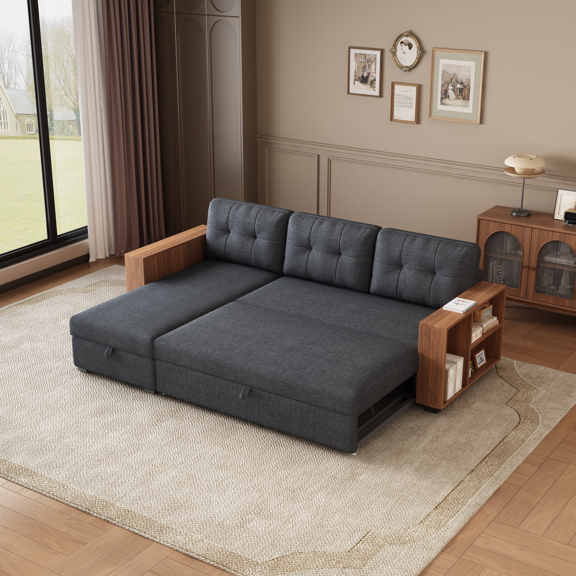 Newboti Furniture Upholstered Pull Out Sectional Sofa with Storage ...