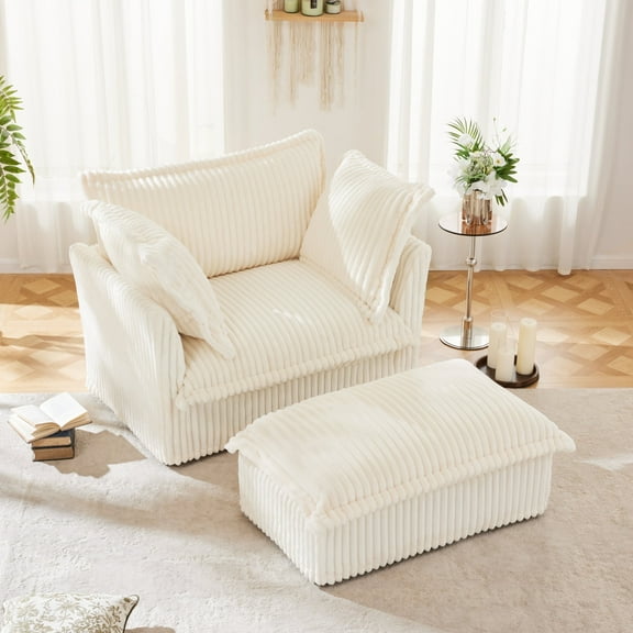 Newboti Furniture Upholstered Slipcovered Armchair with Ottoman, Deep Seat Armchair W/ Wide Ottoman for Living Room, Armchair Sets with Large Soft Pillows(Set of 2), Cream Corduroy Fabric 42103