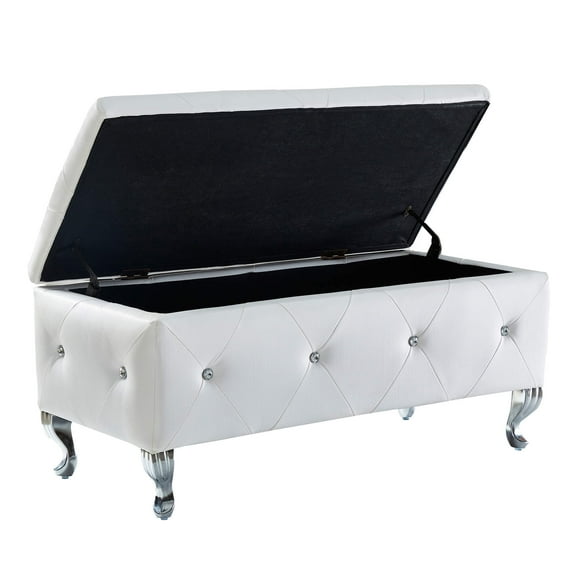 Newboti Furniture Upholstered Storage Ottoman Bench For Bedroom End Of Bed Faux Leather Rectangular Storage Benches Footrest With Crystal Buttons For Living Room Entryway (White) 06771