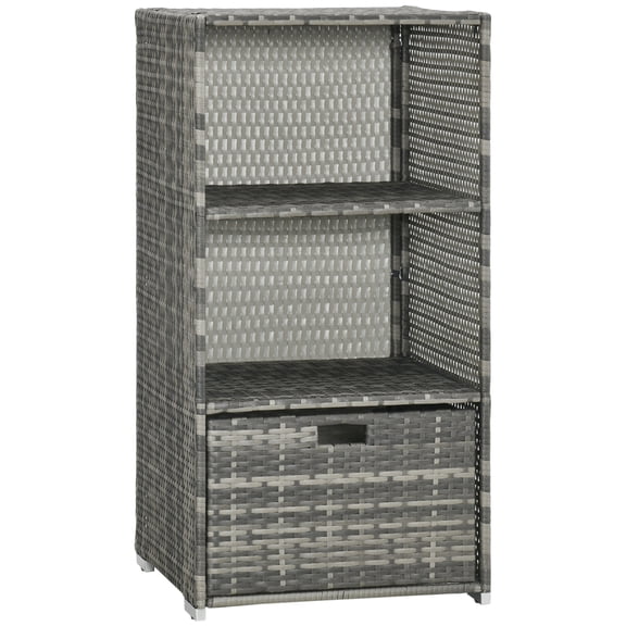 Newboti Furniture Valet Pool Towel Rack, Waterproof PE Plastic Rattan Wicker Storage Organizer, Indoor Outdoor Spa, and Hot Tub Accessory Storage, 2 Shelves, 1 Basket Drawer, Gray BN.6556