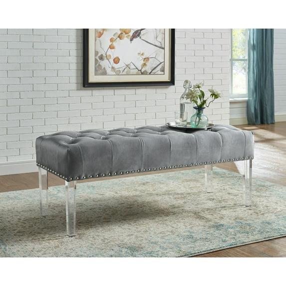 Newboti Furniture Valley Button Tufted Velvet Upholstered Bench with Acrylic Leg, Gray BN.1752