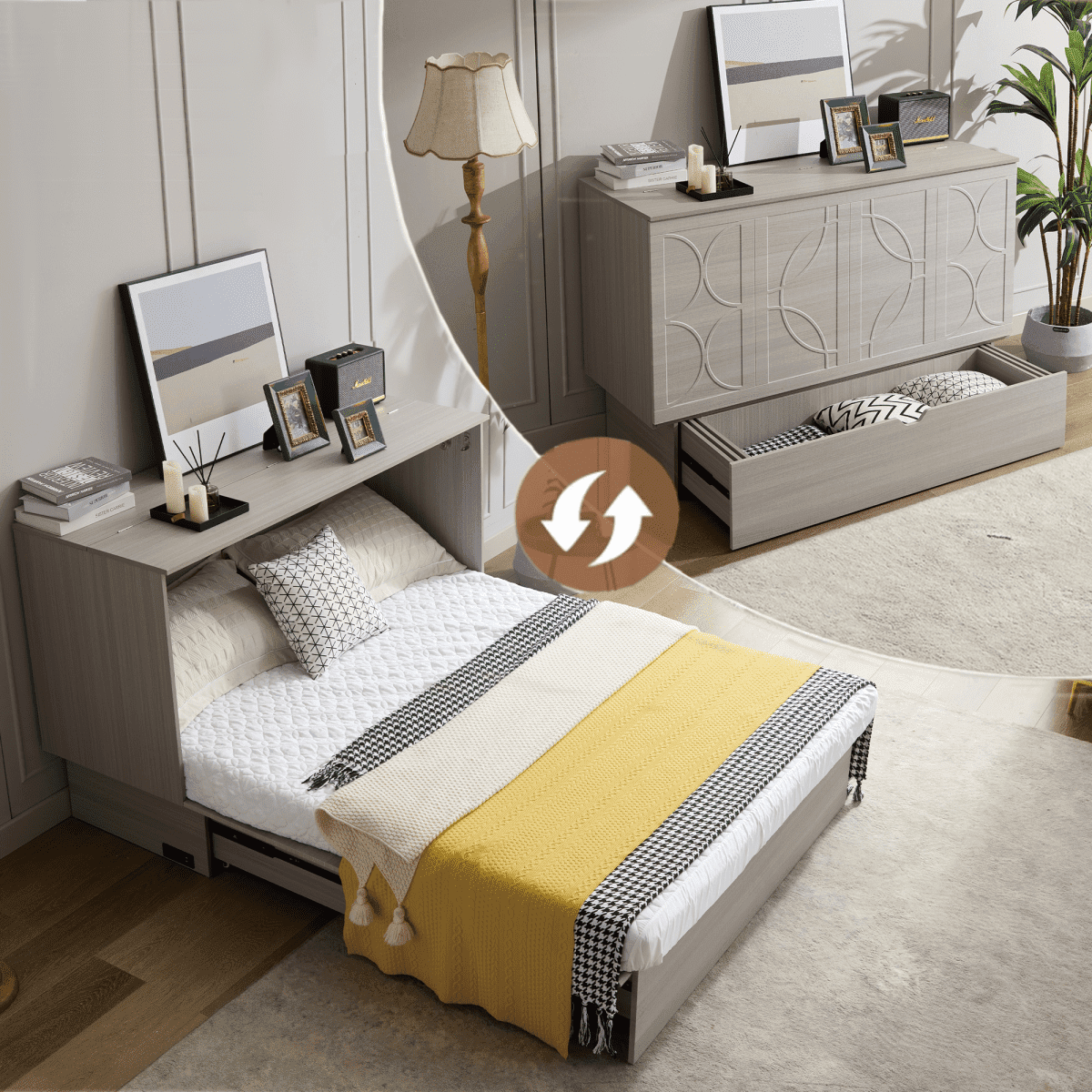 Newboti Furniture [Video Provided]Cabinet Bed With Storage, Queen Bed, Folding Foam Mattress & Oversized Drawers, Murphy Bed, Set Of Sockets & Usb Ports, Space-Saving Folding Murphy Bed, Gray 0001