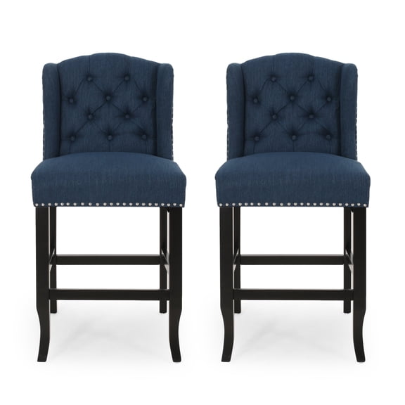 Newboti Furniture Vienna Contemporary Fabric Tufted Wingback 27 Inch Counter Stools, Set of 2, Navy Blue and Dark Brown 73684